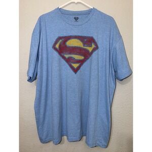 Superman DC Comics Graphic T-Shirt Mens XXL Heather Blue Distressed‎ Logo Tee